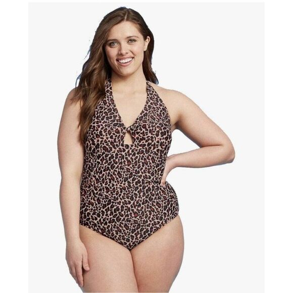 Kona Sol Womens Swimsuit 16W Leopard Twist-Front Halter One Piece Swimsuit Beach - Picture 1 of 7